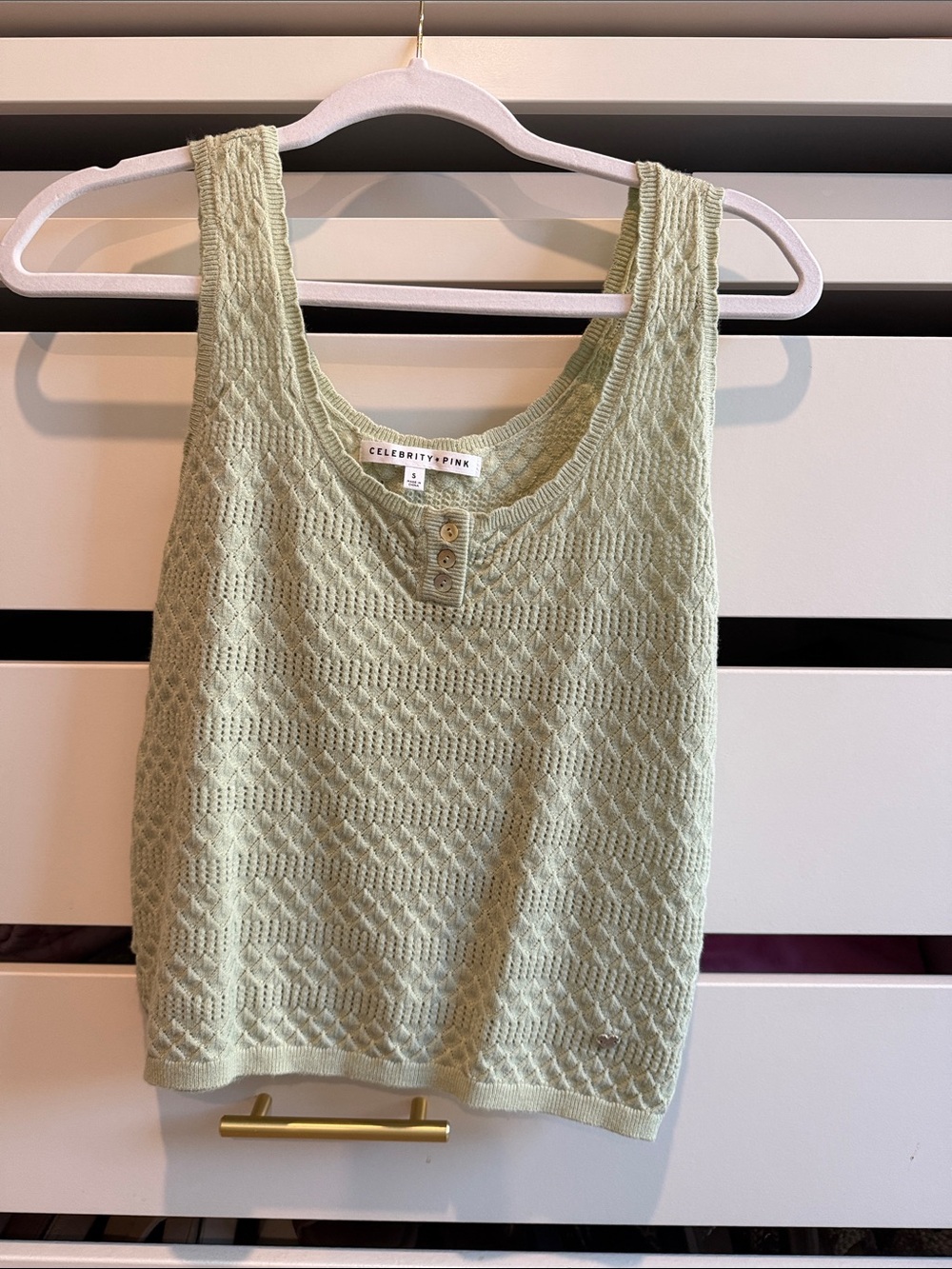 Celebrity Pink Sage Crochet Knit Tank with Button Placket